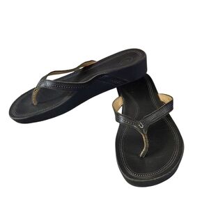 OluKai Ola Slip-On Leather Wedge Sandals Black Women's Size 10